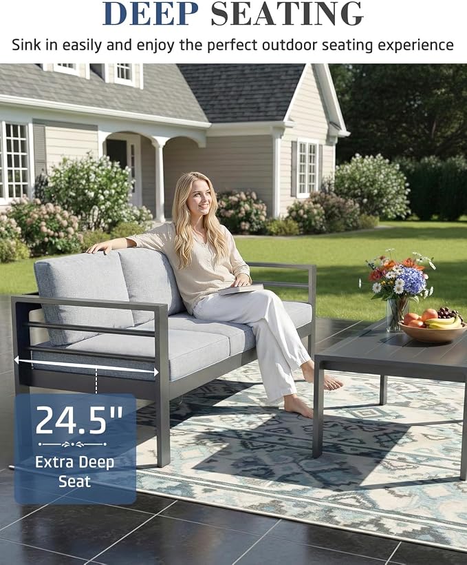 AECOJOY Aluminum Patio Furniture Loveseat, Modern Outdoor Furniture with Washable 5 inch Thick Cushion, Light Gray