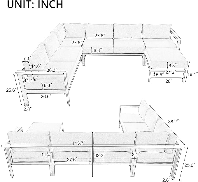 JIVOIT Multi-Person Outdoor Sofa Set, U-Shaped Aluminum Outdoor Sofa Set with Thick Cushions and Backrests, Modular Patio Sofa Set for Gardens, Backyards, and Balconies (White * 069)
