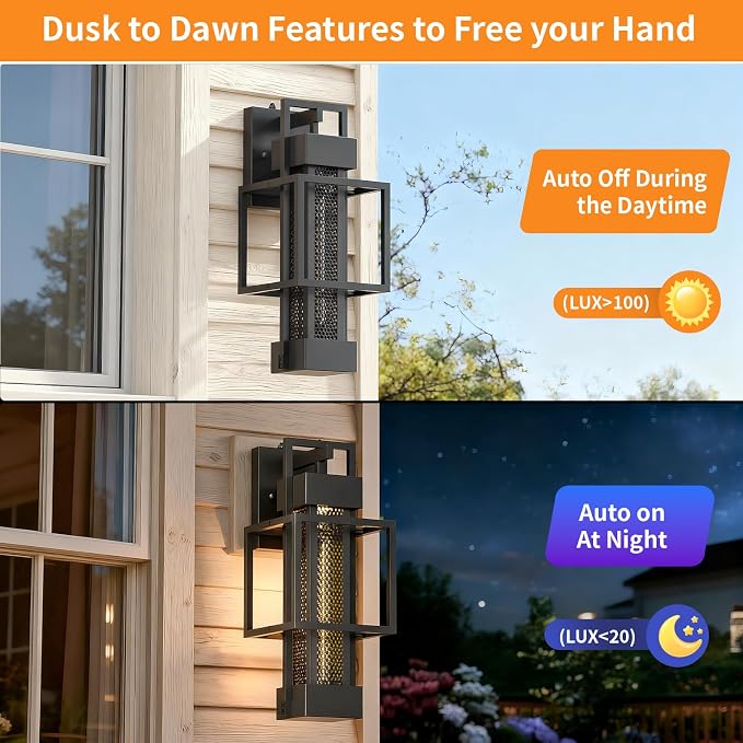 2 Pack Dusk to Dawn Outdoor Exterior Lighting Fixtures Wall Mount, Dimmable Wall Porch Lights for House, Sensor Outside Lantern Lamp, Waterproof Black Sconce Coach Lights for Garage (Bulb Included)