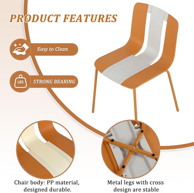 LUMISOL 5 Piece Outdoor Dining Table Set, All Weather Square Table and Chairs Set with Striped Color Block Chairs and Sturdy Metal Legs for Garden, Backyard, Poolside, Beige+Orange+White