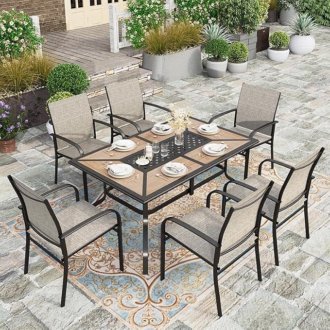 HERA'S HOUSE 7pc Patio Dining Set, Metal Table with PVC Top, Brown Chairs | 61" rectangular table with umbrella hole, 6 textilene chairs. Waterproof, rust-resistant, all-weather for yard, porch