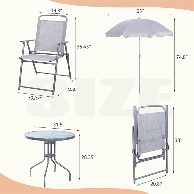 Vongrasig 6 Pieces Folding Patio Dining Set, All Weather Small Metal Outdoor Table and Chair Set, Garden Patio Furniture Set w/Umbrella, Glass Table & 4 Folding Chairs for Lawn, Backyard, Silver