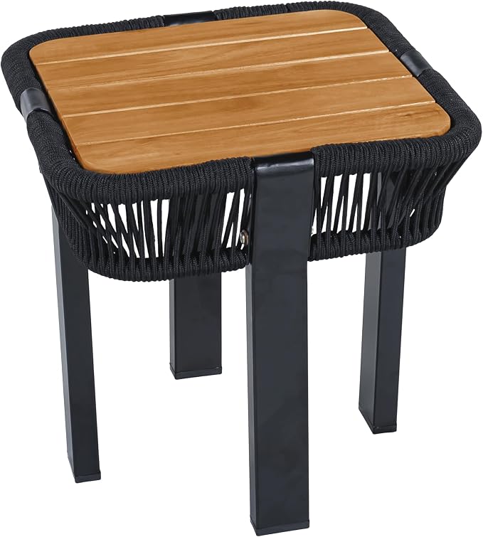 Acacia Wood Side Table, Square Outdoor End Table with Rope & Metal Frame, Small Outdoor Table for Patio, Garden, Poolside, Deck w/UV-Resistant Frame,120 lbs Capacity, Black+Teak