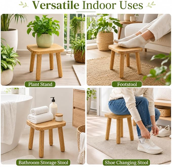 Wooden Picnic Stools Set of 4, Tool-Free Assembly Solid Wood Low Profile Portable Seats for Indoor Home, Outdoor Camping, Beach and Patio