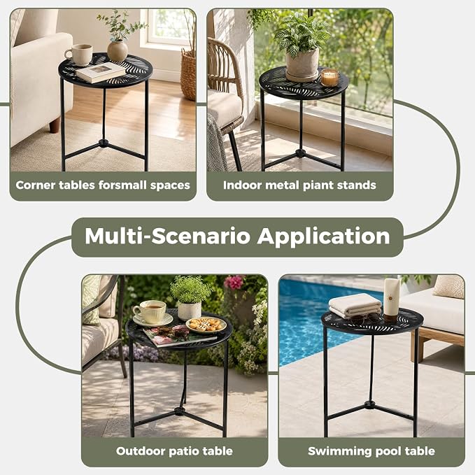 Extra-large Metal Side Table 17.7 Inches Heavy-duty Outdoor Patio Garden End Table Round Accent Corner Stand for Small Space Weather-resistant Coffee Table for Balcony Porch Plant Stand, Tropical Leaf