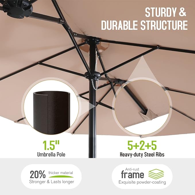 Sophia & William 7pc Patio Dining Set with Beige Umbrella, 6 Rattan Chairs | 6 Cushioned rattan chairs + 1 metal table with umbrella. Perfect for backyard, deck, porch.