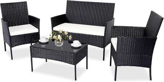 Patio Furniture Set,4 Piece Garden Conversation Set, Outdoor Wicker Rattan Table and Chairs, Black Patio Set, Sectional Sofa with Thick Cushion for Garden, Yard, or Porch (Black/Beige)