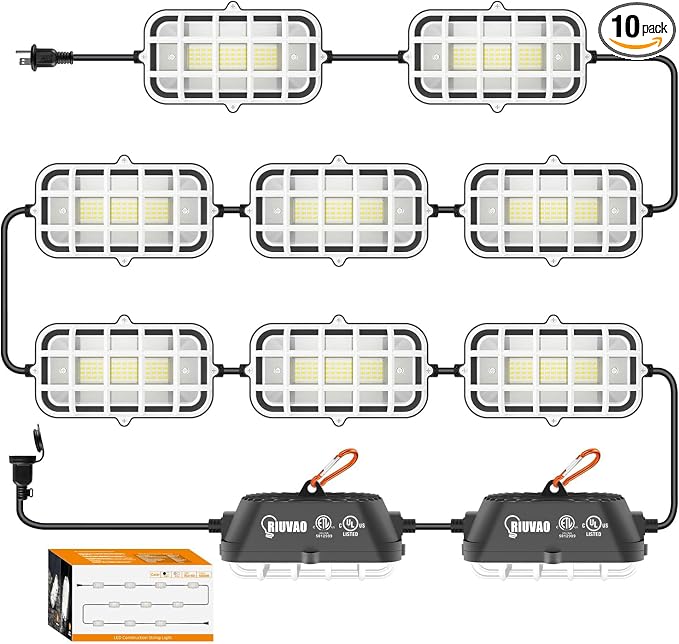 RIUVAO 100ft LED Construction String Lights, 150W 15000LM Waterproof IP67 Led String Work Lights, Construction Temporary Light (100ft-10 Light).