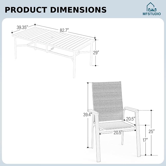 MFSTUDIO 9 PCS Patio Dining Set, Rectangular Metal Table & Aluminum Chairs | Stackbale chairs, Light-weight & space-saving, Rectangular Table, Umbrella Hole, Patio deck, 8 person