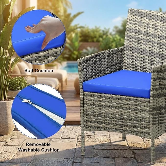 3 Piece Outdoor Patio Furniture Set, All-Weather PE Rattan Wicker Chairs with Waterproof Cushions & Tempered Glass Side Table, Modern Conversation Set for Garden, Backyard, Porch, Poolside, Gray/Blue