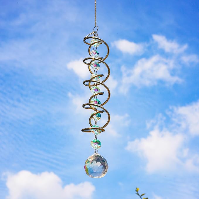 20.5in Crystal Gazing Ball Spiral Wind Spinner Garden Decor | Colorful Crystal Suncatcher with Octagonal Beads Spiral Tail Rainbow Maker Hanging for Indoor Outdoor Garden Patio Yard Decor