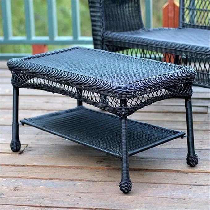 Pemberly Row Wicker Patio Coffee Table, Black Finish, 17" H x 28.5" W x 17" D, Hand-Woven All-Weather Resin Surface, UV-Resistant Durable Steel Frame, Lower Shelf, Outdoor or Sunroom Use