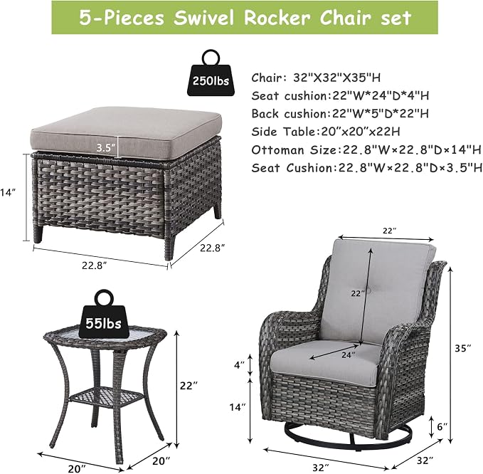 Rilyson Wicker Patio Furniture Set - 5 Piece Rattan Outdoor Sectional Conversation Sets with 2 Swivel Rocking Chairs,2 Ottomans and 1 Side Table for Porch Deck Garden(Mixed Grey/Grey)