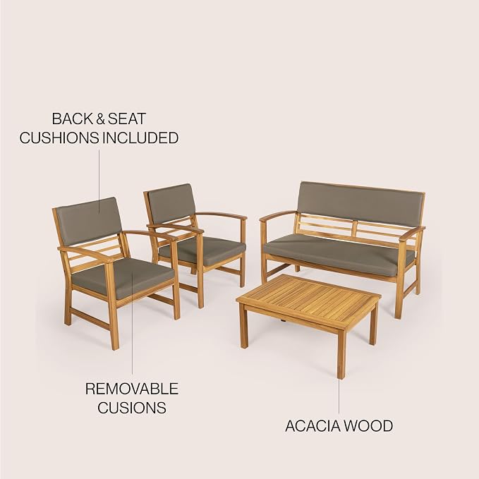 JONATHAN Y Barclay Modern 4-Piece Acacia Wood Outdoor Patio Set, Conversation Seating Group with Removable Cushions and Coffee Table for Backyard, Porch, Garden, Poolside, Dark Gray LVG1000B-4SET