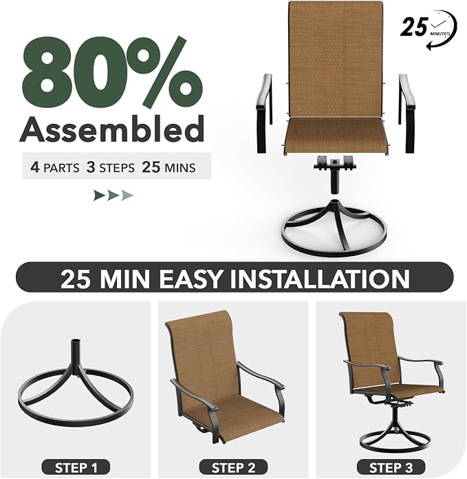 Anmutig 7 Pieces Outdoor Patio Dining Set 6 Swivel Patio Dining Chairs Textilene & 1 Rectangle Outdoor Dining Table for Backyard Bistro Garden Outdoor Furniture Set Brown
