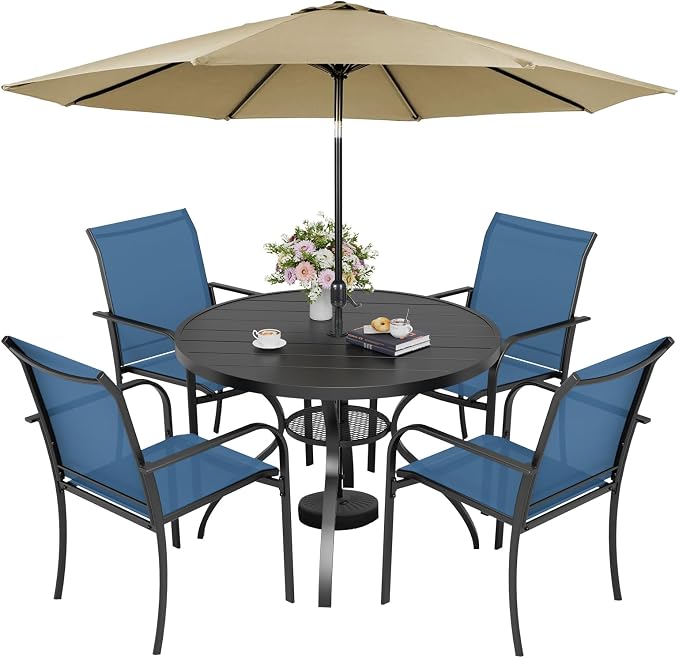 5-Piece Patio Dining Set with Umbrella,4 Person Outdoor Table and Chairs Set, 4 Metal Dining Chairs and Round Outdoor Table with 1.57" Umbrella Hole,Blue