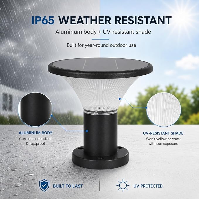 Solar Post Cap Lights, 4400mAh Solar Post Lights Outdoor with 5V 8W Round Mono Panel, 3 Color Modes, IP65 Waterproof Aluminum Fence Post Solar Lights for Garden Patio Deck Driveway, Fit Most Posts