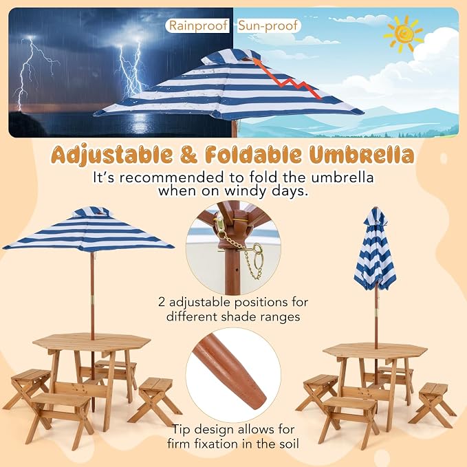 HONEY JOY Kids Picnic Table, Fir Wood Octagon Table & 4 Stool Set, Stripe Fabric Umbrella, Toddler Picnic Table for Outdoors, Children Backyard Furniture for Patio Garden (Natural)