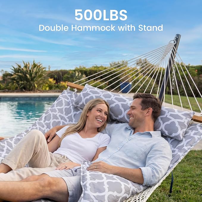 ANAGOO Double Hammock with Stand – Portable Cotton Rope Hammock with Removable Quilted Pad & Pillow, Adjustable Steel Frame for Patio, Backyard, Garden, Park, Camping & Outdoor Relaxation – White Gray