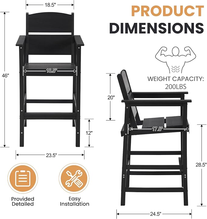 2 Pack Outdoor Bar Stools, HDPE Patio Bar Chairs with Armrests & Footrest, Weather Resistant All-Weather Counter Height Chairs for Outdoor Deck, Backyard, Poolside,Black
