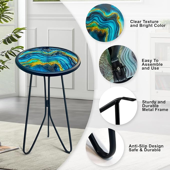 LIFFY Patio Side Tables,12" Indoor Outdoor Metal Side Table with Glass Tabletop,Round Decorative Plant Stand & Accent Table for Garden, Yard, Balcony, Backyard, Porch