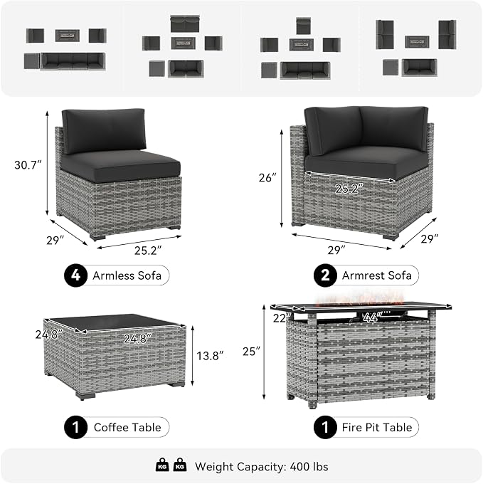 LazySunsets 8-Piece Patio Furniture Set with 44" Fire Pit Table, Wicker Outdoor Furniture, Patio Conversation Sets with Coffee Table, Outdoor Sectional Couch, Black