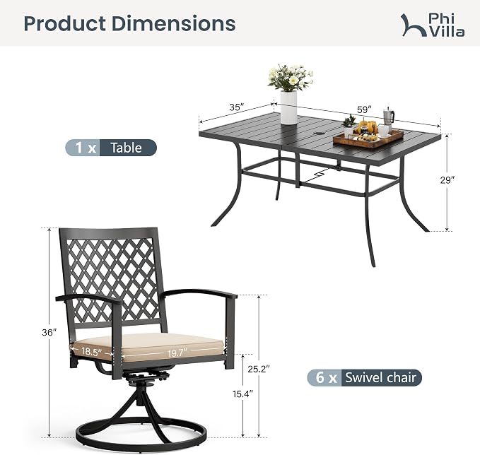 PHI VILLA 7 Pcs Outdoor Dining Set for 6&59" Rectangle Metal Steel Table | Swivel Wrought Iron Chairs with Cushions, Outside Furniture Set for Patio, Deck, Yard, Porch