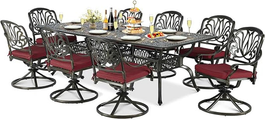 9-Piece Patio Cast Aluminum Dining Set, Outdoor Dining Furniture Set for 8 Person, Includes 94.5" Rectangular Dining Table and 8 Swivel Chairs with Umbrella Hole for Deck Garden, Red