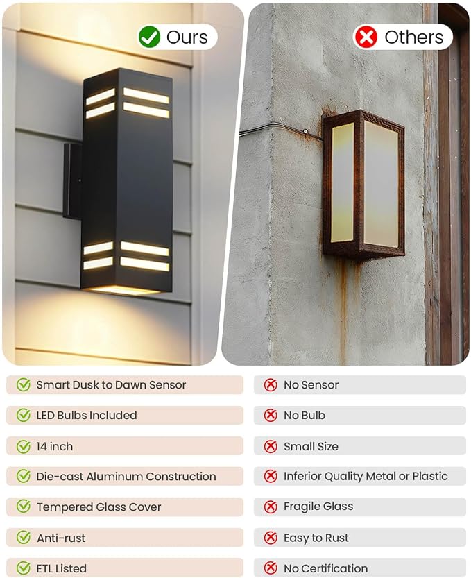 SHIMR Dusk to Dawn Outdoor Lights 2 Pack, Matte Black 14", ETL Listed | Modern Exterior Lighting Fixtures Wall Mount, Aluminum Anti-Rust Up and Down Outside Lights for Porch, LED Bulbs Include