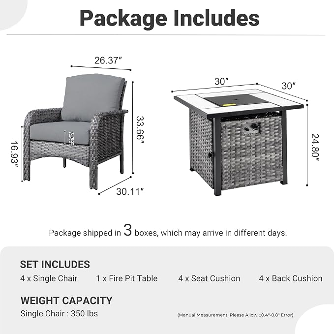 ovios 5-Piece Patio Furniture Set, Outdoor Wicker Sofa with Chairs Fire Pit Table, High Back Rattan Chair with Comfy Cushions for Porch Yard Deck, Dark Grey