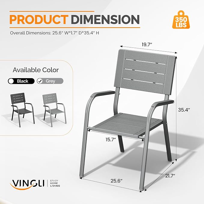 VINGLI Outdoor Patio Dining Chairs, Stackable HDPE All-Weather Arm Chairs, Weatherproof Outdoor Seating for Garden, Backyard, Poolside, Balcony,Grey (2 Pack)
