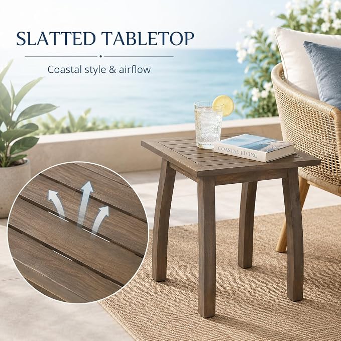 Selma Acacia Wood Outdoor Side Table, Weather Resistant Slatted Design Patio Coffee End Table, Decorative Decorated Accent Table for Balcony Beach Poolside, Natural Stained (Grey + Acacia Wood)