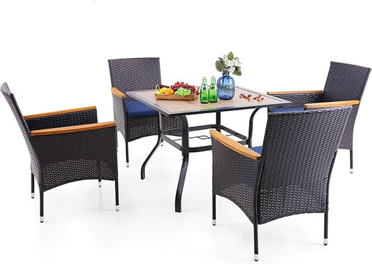 PHI VILLA 5 Pieces Outdoor Dining Set for 4, Ploywood Square Metal Dining Table & Rattan Wicker Chairs with Cushions, Modern Furniture Dining Set for Patio, Deck, Porch, Backyard