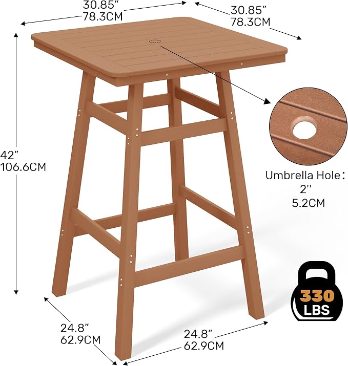 Costaelm Outdoor Bar Table, 42" Counter Height Square Patio Cocktail Bar Table with Umbrella Hole, Patio Bistro Dining Pub Table for Front Porch Deck Backyard Garden, Teak
