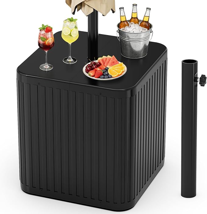 BoYata Outdoor Umbrella Side Table, 2-in-1 Outdoor Side Table with Umbrella Hole, 15.9 Gallon Fillable Umbrella Stand Base, Fit Up to 1.5" Pole, Square Patio Side Table for Poolside, Deck, Matte Black