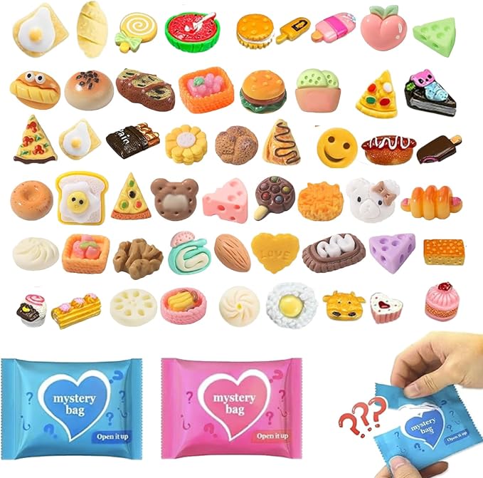 100PCS Mystery Blind Bag Mini Food Toy Set, Squishy Surprise Toys Bulk, Pretend Play Kitchen Food, Dollhouse Accessories Miniature Food Figures, Sensory Fidget Toys, Party Favor Gift Pack for Kids