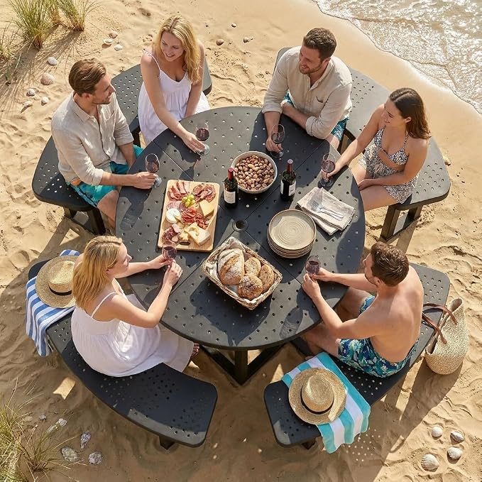 DWVO 38" Round Metal Picnic Table with Umbrella Hole - Heavy Duty Q235 Carbon Steel Outdoor Table Set for Patio, Backyard, and Lawn - Industrial Steel Construction