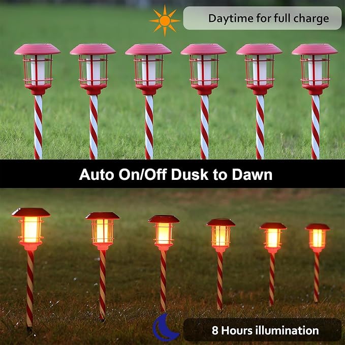 Dynaming 6 Pack Christmas Solar Flame Garden Lights Outdoor, Dual Use Flickering Flame Torch Candy Cane Pathway Marker, Xmas Hanging Lantern Lights, Waterproof & Auto On/Off for Patio Walkway Driveway