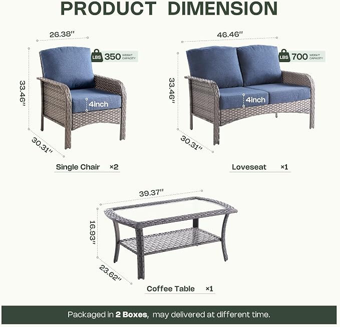 4-Piece Patio Furniture Set, Outdoor Wicker Furniture with Coffee Table, All Weather High Back Loveseat Patio Chairs, Modern Rattan Outdoor Chairs Conversation Set for Porch, Garden,Denim Blue