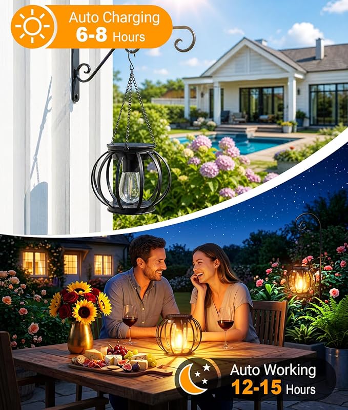 KOOPER Solar Lanterns Outdoor Waterproof, 4 Pack Upgraded Metal Hanging Solar Lights Outdoor Lanterns, Brighter Auto On/Off Outdoor Hanging Lantern for Yard Patio Pathway Porch Garden Decor