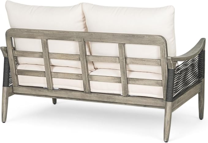 Merax 4-Piece Acacia Wood Patio Set with Loveseat, Chairs & Table | Grey Acacia Frame, Dark Grey Rope, Beige Cushions, Deep Seating And Coffee Table For Porch, Garden, Backyard Or Balcony