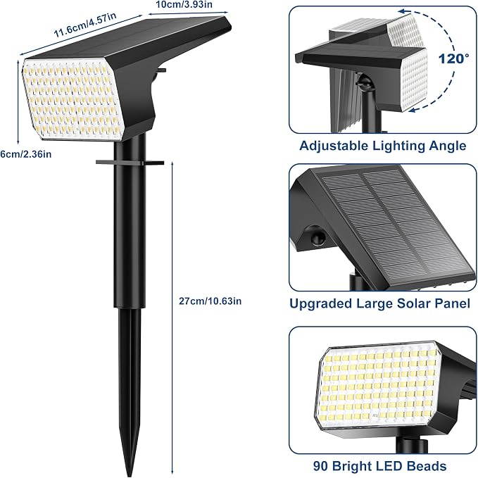 LANSOW 12 Pack Solar Spot Lights Outdoor Waterproof IP67, (90 LED/4 Modes) Solar Landscape Spotlights, 2-in-1 Solar Powered Flood Lights for Yard Garden Pathway Outside Tree, Auto ON/Off(Cool White)