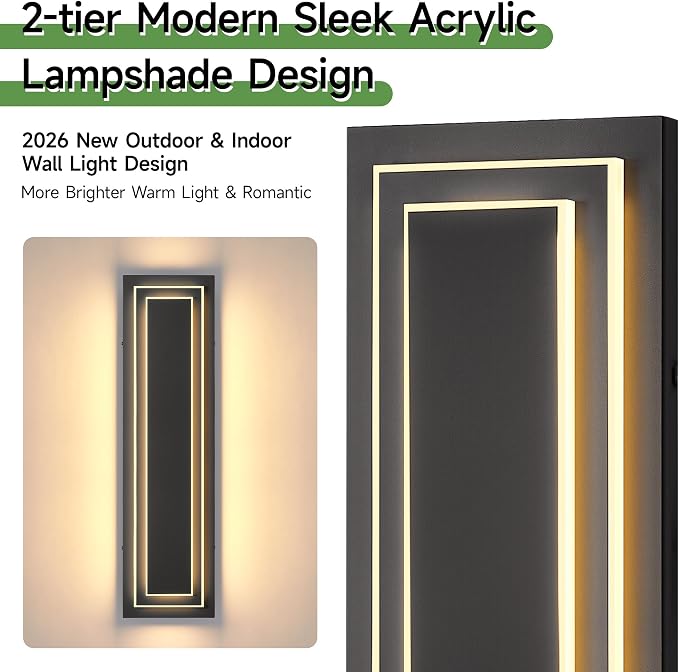 23.6 in Outdoor Wall Light Fixture,Garage Side Wall Sconce,36 W | 2-Tier Black Outdoor Modern Square Wall Lights For Hallway, Front Porch, Integrated 3000K LED Light Bead, Waterproof,2 Packs