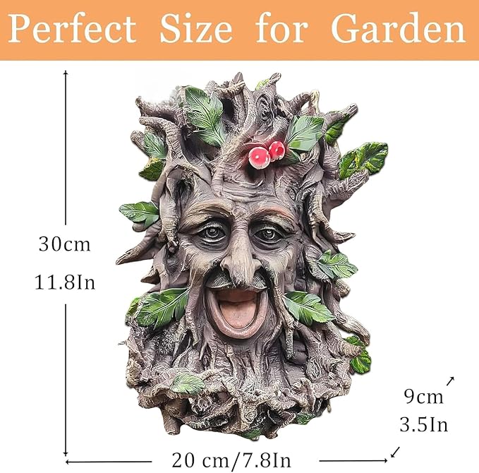 12" Real Tree Face Hugger Statue, Outdoor Garden Resin Bird Feeder Sculpture with Foliage Features, Fairy Elve Accent Yard Art, Halloween Trees Decorations Outdoor Wall Mounted Statue