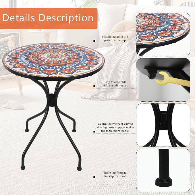 24 Inch Mosaic Patio Round Side Table with Central Column Curved Legs Indoor and Outdoor Accent End Table for Yard, Garden, Living Room, Bistro, Blue Orange Mandala