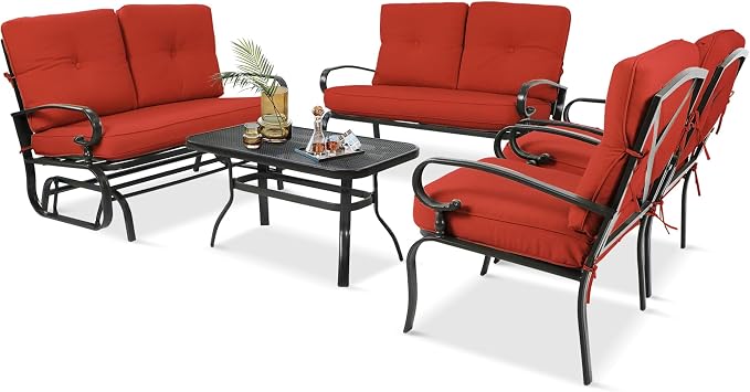 5 Pcs (6 Seats) Metal Outdoor Patio Furniture Conversation Sets, Glider, Loveseat and Coffee Table, 2 Lounge Chairs with Cushions (Red)