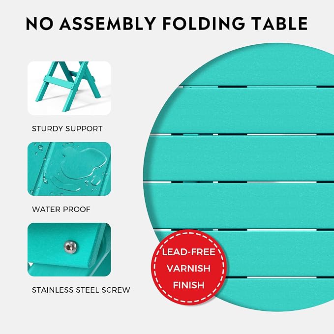 Costaelm Outdoor Bistro Table and Chairs Set of 2, Round Portable Folding Bar Height Barstool Set of 3, Tall Balcony Pub High Top Table 3 piece Patio Set for Deck, Backyard, Garden, Turquoise