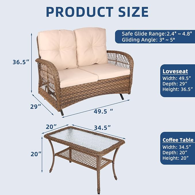 2 Piece Outdoor Wicker Gliding Loveseat Set, Patio Conversation Furniture Sets with 2-Seater Glider Rocking Bench, Glass-Top Coffee Table and Cushions for Porch Garden Poolside