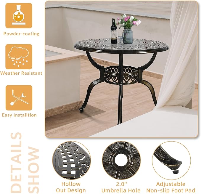 5 Piece Patio Dining Set, Outdoor Table and Chairs Set for 4 Cushioned Swivel Rocking Chairs and 38.5'' Round Table, All-Weather Cast Aluminum Patio Funiture Set, 2'' Umbrella Hole, Red