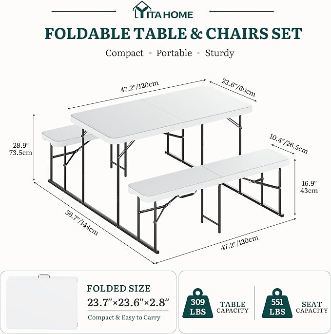 YITAHOME 4.5ft Folding Picnic Table with Benches, Heavy Duty Iron Frame & HDPE Plastic Table Set, Portable Outdoor Folding Table with Center Lock for Backyard, Park, Camping, Beach, White